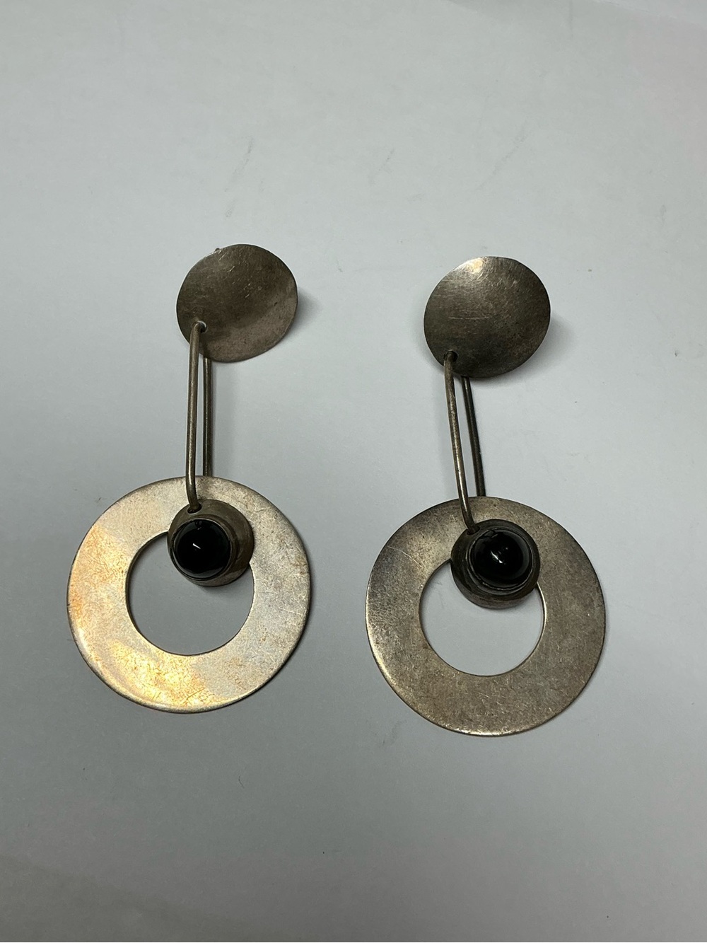 Taxco Sterling Silver Hoop Drop Earrings with Black Center Stone. 2.5” long